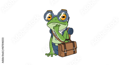 Thoughtful frog traveler with goggles, backpack, and briefcase ready for an adventure journey