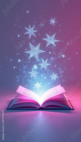 Open book with glowing stars floating above in magical colors  