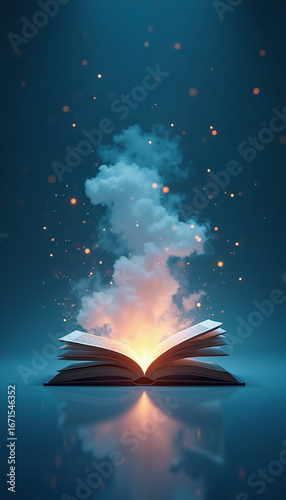 Open book emitting colorful smoke and light particles on blue background  