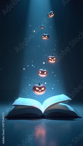 Spooky pumpkins floating above an open book with glowing light  