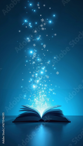 Enchanted book emitting glowing sparkles on blue background  