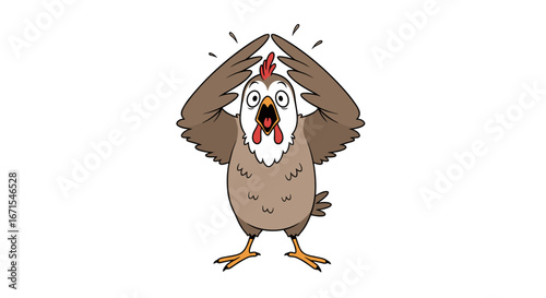 Cartoon chicken with wide eyes and open beak expresses shock or surprise on a white background