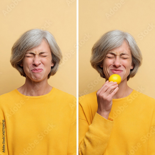 Womans reaction to sour lemon. Before  after. Shows disgust, puckered face. Use for health, diet, aging, food concepts, or humorous content.