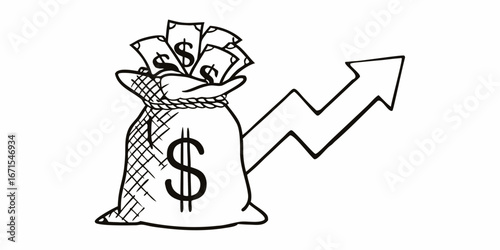 A bag full of money with dollar signs and an arrow pointing upwards showing financial growth or profit