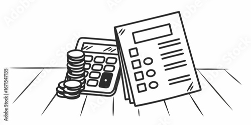 Sketch of calculator with coins and paperwork on a table in black and white illustration style