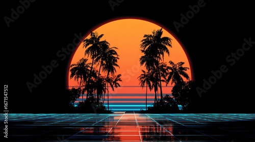 Retro-futuristic sunset silhouette of palm trees above a glowing grid