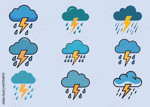 Cloud with lightning and rain Icon Set, Cloud with lightning and rain Vector design
