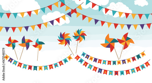 Colorful celebration decorations featuring pinwheels and festive bunting under a bright sky