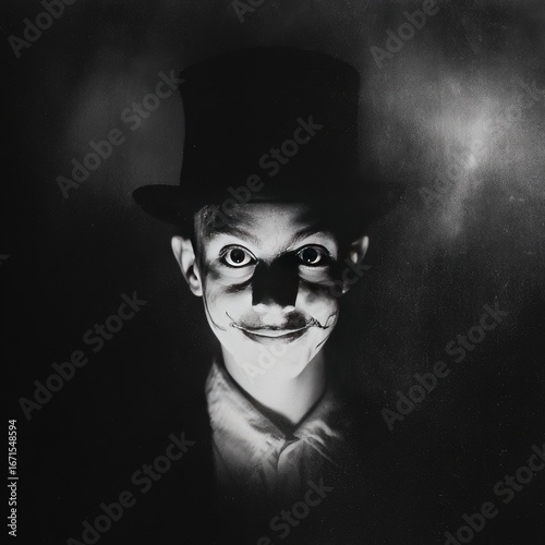 Black and white portrait of a child, sinister smile, top hat, dramatic lighting