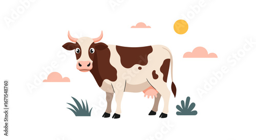 Cartoon cow standing in a field with clouds and sun on a white background