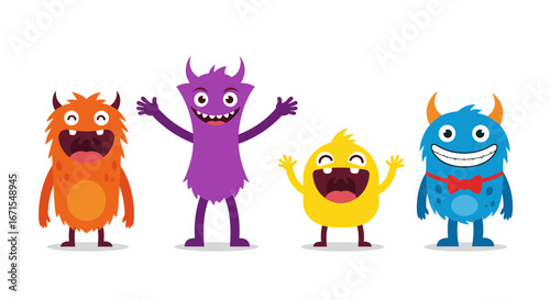 Four colorful happy cartoon monsters standing together with big smiles and open mouths showing their teeth