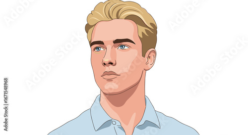 A handsome young blond man with blue eyes wearing a light blue collared shirt looking off to the side