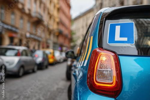Blue car with learner plate parked on a bustling city street showcasing driving school preparations and lessons in progress