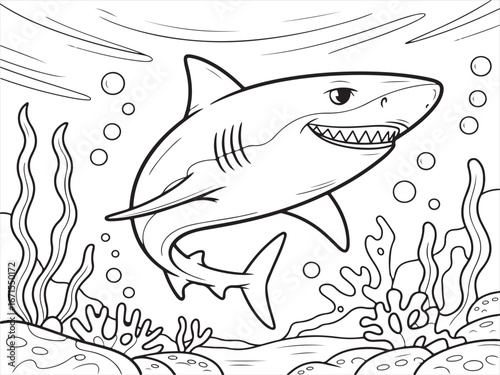 Angry Shark Swimming in Ocean – Fun Underwater Drawing for Kids’ Coloring