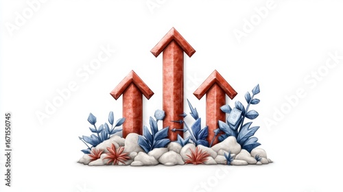 Three red upward arrows surrounded by stylized blue and red plants and rocks on a white background