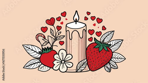 Romantic Candle with Strawberries, Flowers, and Hearts Illustration

