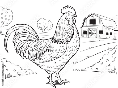 Detailed Rooster Illustration – Proud Bird in Nature for Kids’ Coloring Pages