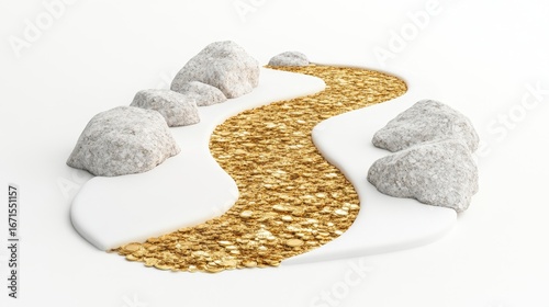 Gold coins riverbed flowing between white rocks on white background 3D rendering