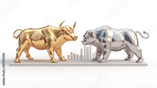 Golden bull and silver bear statues facing each other market graph background