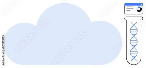 DNA strand in a test tube next to a cloud with a data dashboard window. Ideal for biotechnology, cloud computing, genetics, innovation, data storage, research, and tech advancements simple flat