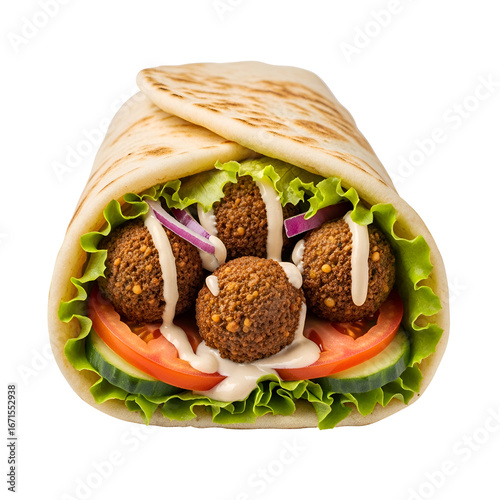 Delicious Falafel Wrap with Fresh Vegetables and Tahini Sauce.