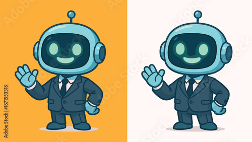 Cute Robot Mascot in Business Suit Waving Hand Cartoon Illustration


