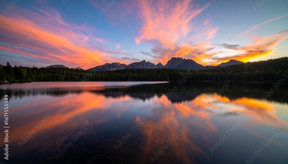 Fototapeta premium Serene lake reflecting a vibrant sunset, with mountains silhouetted against a fiery sky