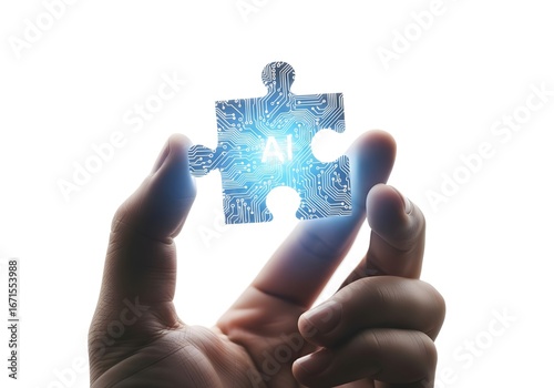 Human hand holding AI glowing puzzle piece symbolizing innovation, white background.
