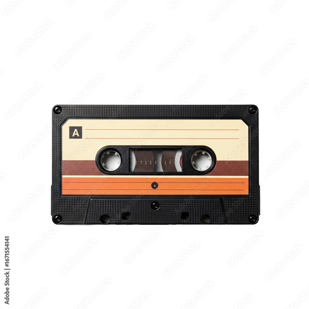 Fototapeta premium Retro audio cassette tape with vintage brown and orange stripes isolated on transparent background