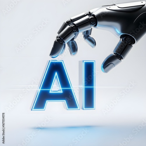 Robotic fingers lifting AI text with laser-like edge lighting, white background.
