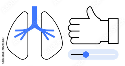 Stylized lungs with a hand giving a thumbs-up and a slider control. Ideal for health, wellness, air quality, respiratory care, medical technology, lung health, simple landing page