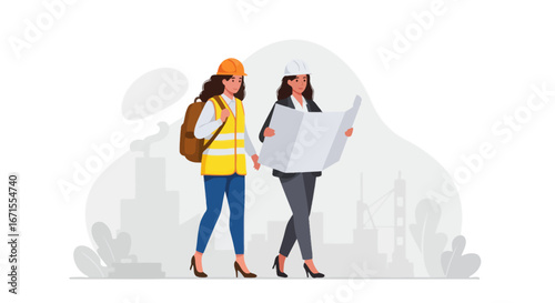 Female Engineers Discussing Blueprint on Construction Site.