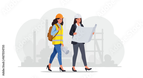 Female construction workers reviewing blueprints at construction site.