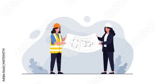 Two female architects reviewing construction blueprints.