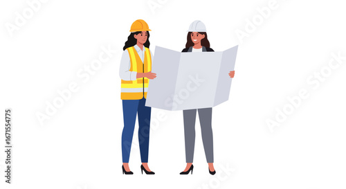Two Female Engineers Collaborating on Blueprints.