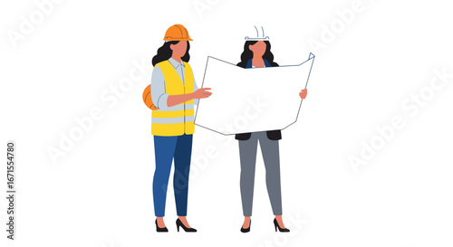 Female construction workers reviewing blueprints, planning project.