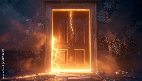 Ancient door closing slowly with glowing cracks of light peeking through, depicting the final chapter ending
