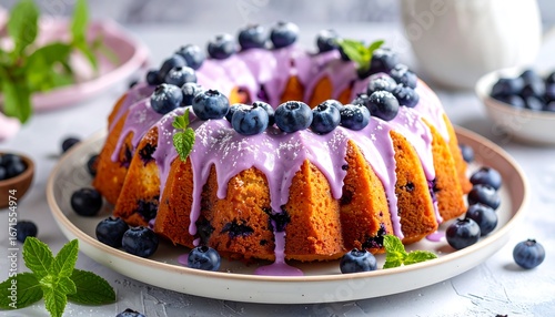 Delicious Blueberry Bundt Cake with Purple Glaze and Fresh Berries.