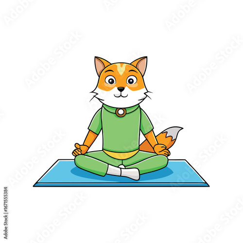 Calm cat meditating on yoga mat with serene zen garden background