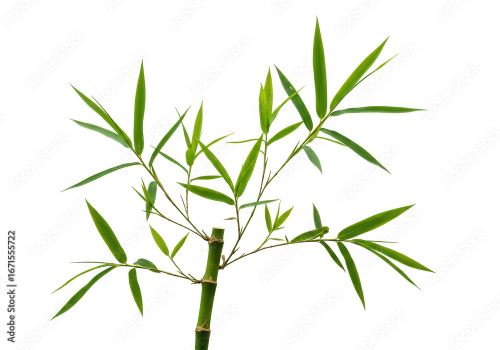 Obraz premium Isolated bamboo plant branch, fresh green bamboo leaves, cut stem, asian nature element