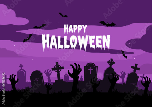 Purple pixel art Halloween night with spooky graveyard, zombie hands, and bats