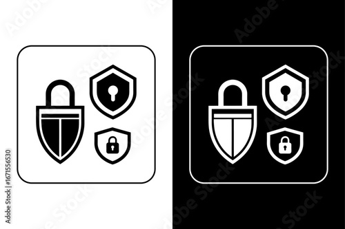 Black and White Cybersecurity Concept with Lock and Shield Icons.