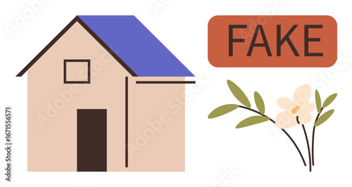 House design with brown walls and blue roof, next to text Fake over floral stem. Ideal for real estate, authenticity, environment, nature, fraud awareness, home concepts branding. Simple flat