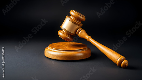 Judge's gavel hammer for adjudication isolated on a background. Wooden auction hammer accompanied by a wooden stand. Law and justice theme.