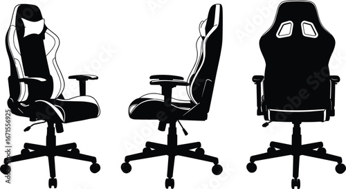 Gaming chair silhouette, office chair vector, ergonomic seat illustration, swivel chair icon, furniture design, adjustable chair, computer chair symbol, black