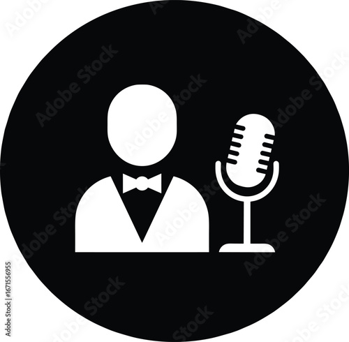 Microphone and speaker silhouette icon, announcer illustration, podcast host symbol, music broadcasting design, audio entertainment logo, voice recording concept