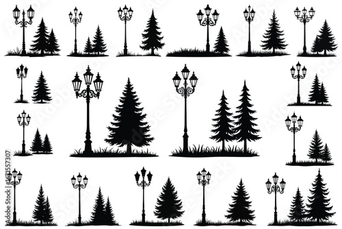 Black silhouette street lamps and coniferous trees