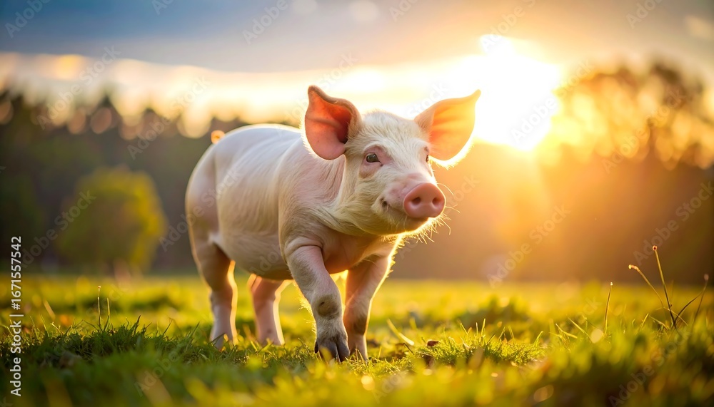 Fototapeta premium Pink piglet walking towards sunset in a grassy field