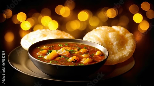 Poori & Aloo Sabzi - Deep fried bread with spiced potato curry. on dark background with golden bokeh lights