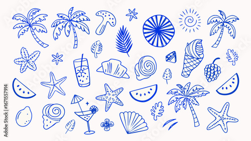 Blue summer vacation icons and symbols hand drawn doodle style